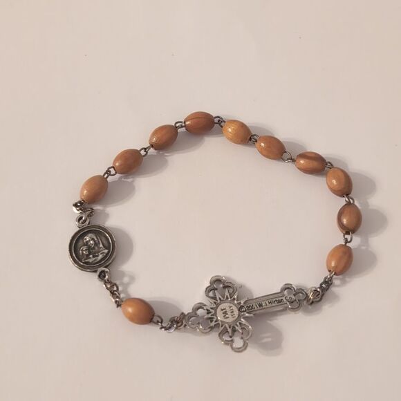 838 Wood Beaded Silver Chain Link Silver Cross and Charm Religious Bracelet - Picture 4 of 4